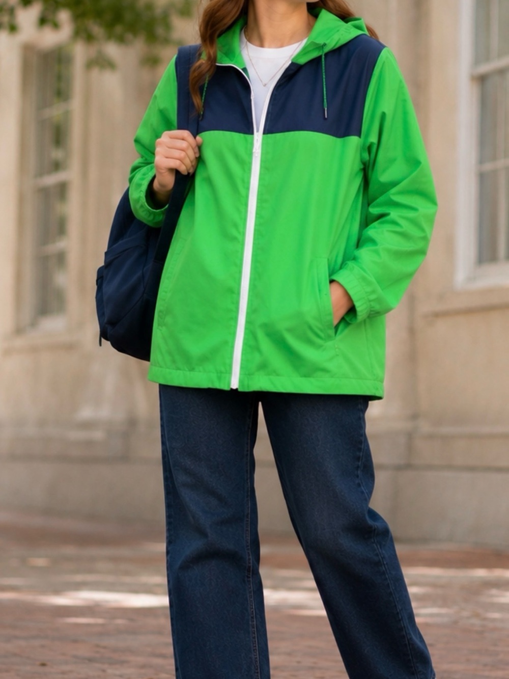 Kim Rogers XL Green Navy Colorblock Hooded Windbreaker Rain Jacket